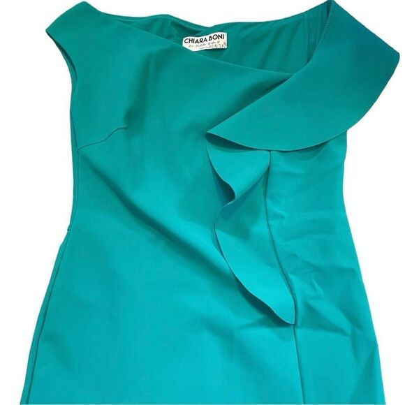 Chiara Boni Imani Asymmetric Ruffle Sheath Dress in Pavone - Picture 5 of 10